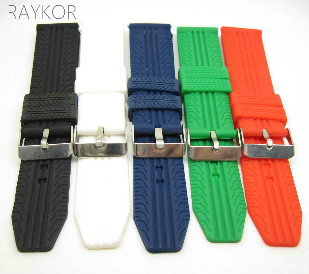 

20mm Silicone Rubber Watch Band Super Thin Tire Track Strap for Fashion Casual Watches Black Blue Green White
