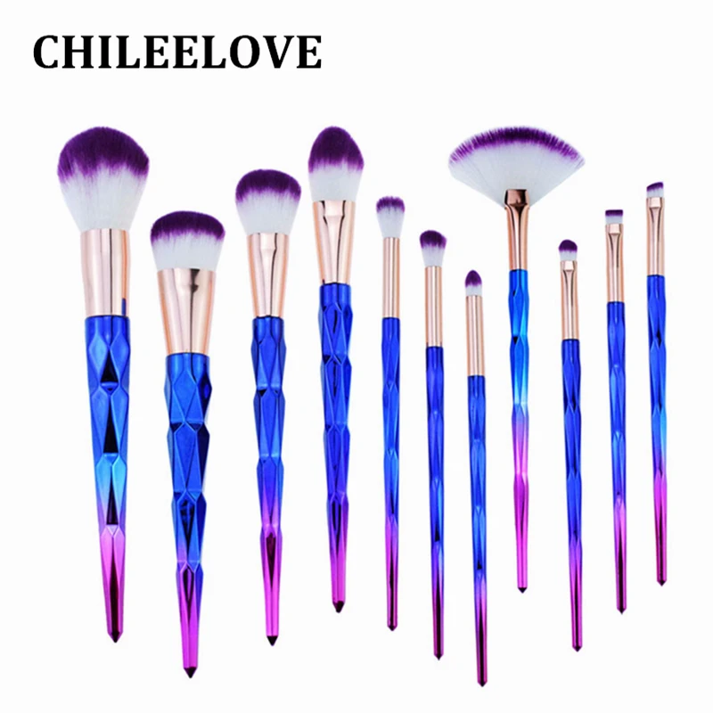 

CHILEELOVE 10 Pcs Sapphire Diamond Makeup Brushes Set Professional Purple Blue Bright Color Cosmetic Makeover Tool