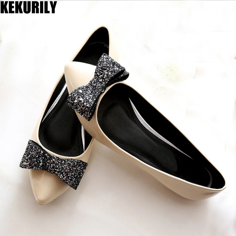 

Shoes Woman Flats Loafers Patent leather Pointed toe Shoes Bling Bow Sandals Slip on Slides Big size black apricot gray rosered
