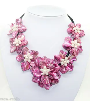 

Hot sale new Style >>>>>fashion jewel white pearl pink mother of pearl shell weave 7 flower necklace 18"