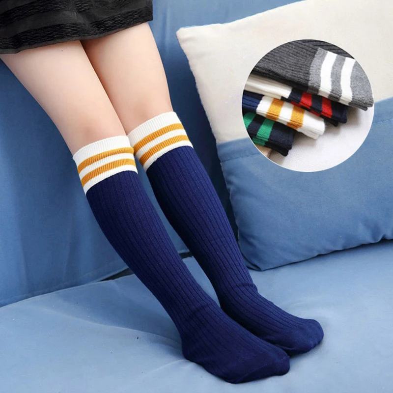 Kids Girls Knee Socks Boy Football Stripes Cotton Sports School Style ...