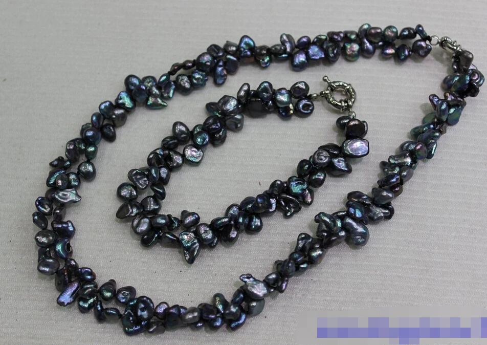 

hot sell new - j003332 2 strands Black keshi reborn pearl set 6x9mm 8.5&18INCH "Handmade" Alloy