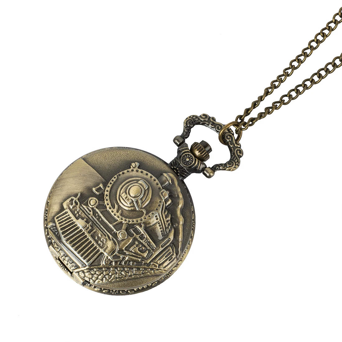 

Vintage Bronze Train Front Locomotive Engine Necklace Quartz Pocket Watch Chain