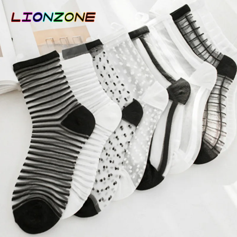 LIONZONE 10 пар/лот кружевные прозрачные женские носки с кристаллами разные стильные удобные прозрачные шелковые смешные носки Харадзюку Calcetines Mujer