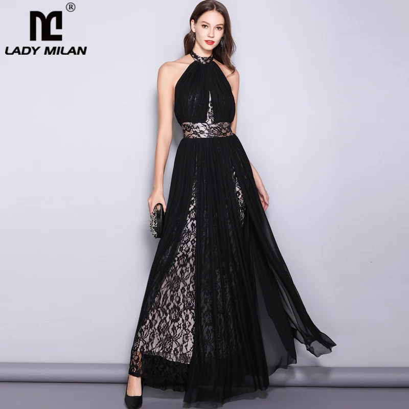 

Lady Milan Women's Runway Designer Dresses Sexy Halter Sleeveless Embroidery Lace Open Back Fashion Long Party Prom Maxi Dresses