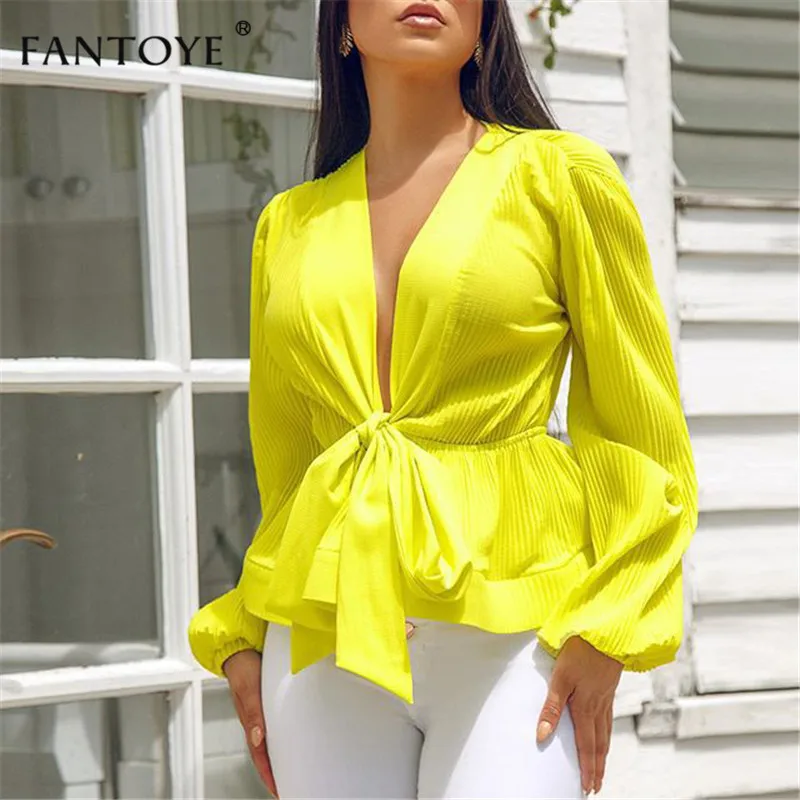 Fantoye, женская сексуальная желтая блузка с v-образным вырезом, элегантное, с тонкой талией, бандажная блузка с пышными рукавами, женская летняя Осенняя рубашка, топы, уличная одежда - Цвет: Цвет: желтый