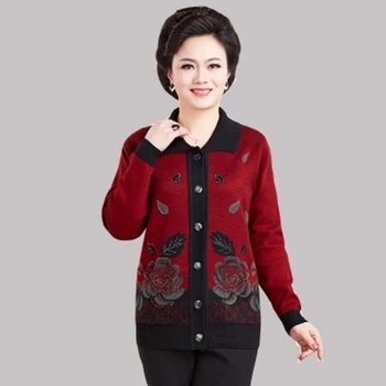 

Winter Warm Wool Sweater For Women Cardigan Female Printing Flower Knitted Ladies Embroidered Sweaters Cardigans Grandmather Mom