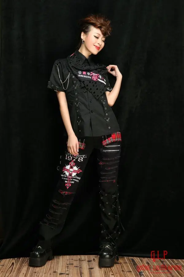 28-35! Корейская версия немейнстрима панк черепа черные брюки со свободными шарфами Европа певица одежда