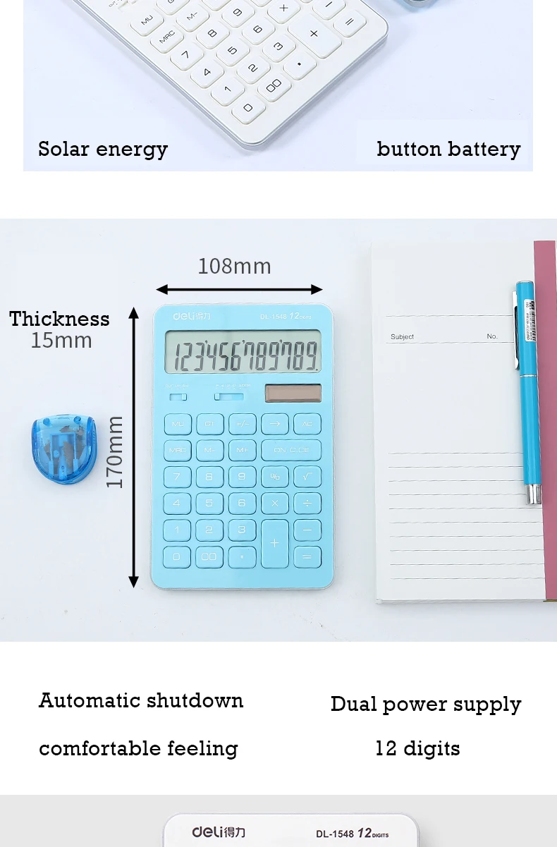 Deli двойной блок Питания Калькулятор 12 цифр модная Солнечная энергия/батарея энергии школы и офиса питания калькулятор