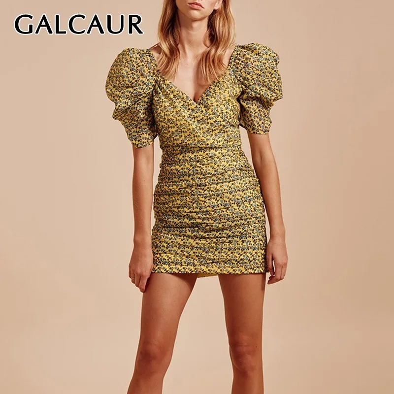 

GALCAUR Print Dress For Women V Neck Lantern Sleeve High Waist Ruched Mini Dresses Female Fashion Summer Clothing 2019 New