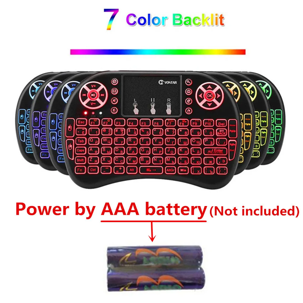 VONTAR i8+ 2,4G мини беспроводная клавиатура 7 цветов с подсветкой, английская русская сенсорная панель, портативная воздушная мышь для Android tv Box x96 Mini - Цвет: backlit AAA battery