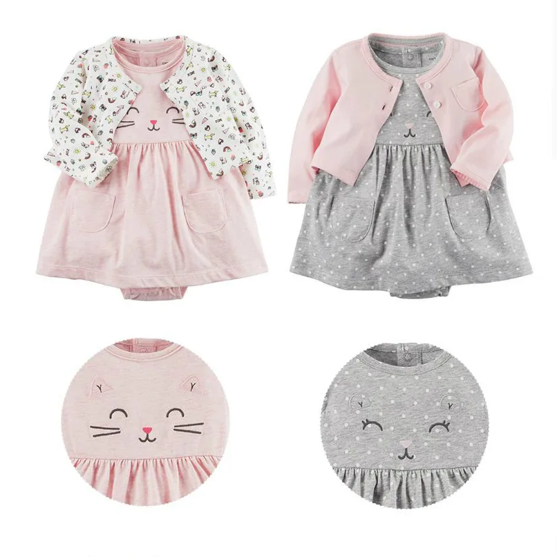 

Limited baby girl cardigan dress set 2 pieces bodysuit Long Sleeve Cardigan romper dresses cotton clothes cartoon animal pattern