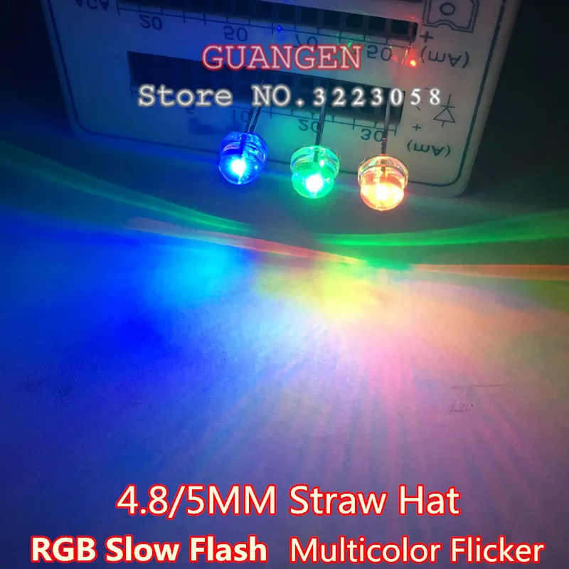 

1000pcs LED 5mm Straw Hat RGB Slow Flashing Transparent Tri-Color RGB 5mm LED Blinking Multicolor Flicker Ultra-bright Diode Kit