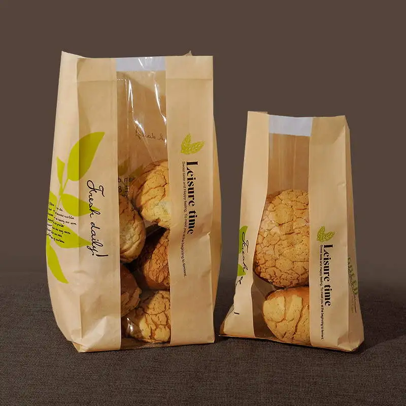 100 Pcs kraft paper Bag window Bread Donut Leisure paper ...