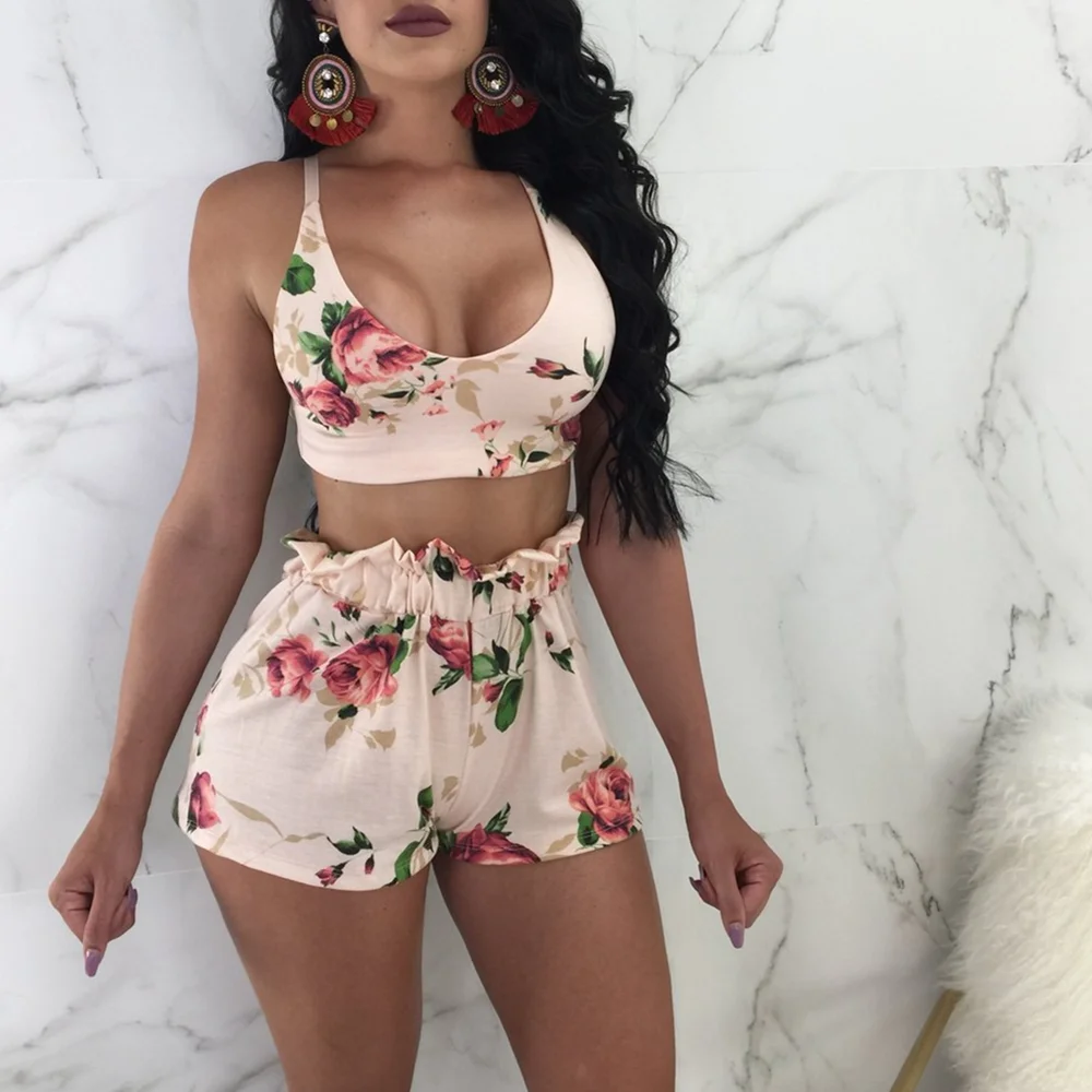 

Summer Women Sexy 2 Piece Set Backless Tops Sleeveless Spaghetti Strap Printing Short Pants Casual Beach Party Robe Femme