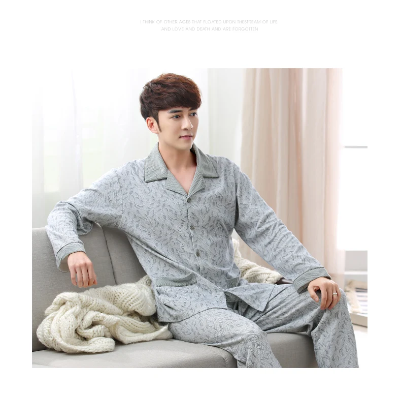 2019 Модная брендовая мужская пижама, осенний мужской утепленный 100% хлопковый пижамный комплект, рубашка с отложным воротником + штаны