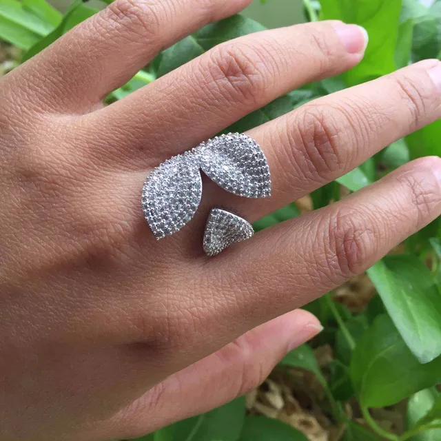 Cz Pave Setting Unique Leaf Rose Flower Ring Open Adjustable Big Ring Set For Wo Cz Pave Setting Unique Leaf Rose Flower Ring Open Adjustable Big Ring Set For Wo