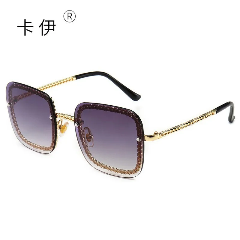 Оправа с цепочкой из сплава, квадратные солнцезащитные очки для женщин, роскошные брендовые солнцезащитные очки без оправы Vinatge, большие прозрачные оттенки(без цепи - Цвет линз: gold double gray
