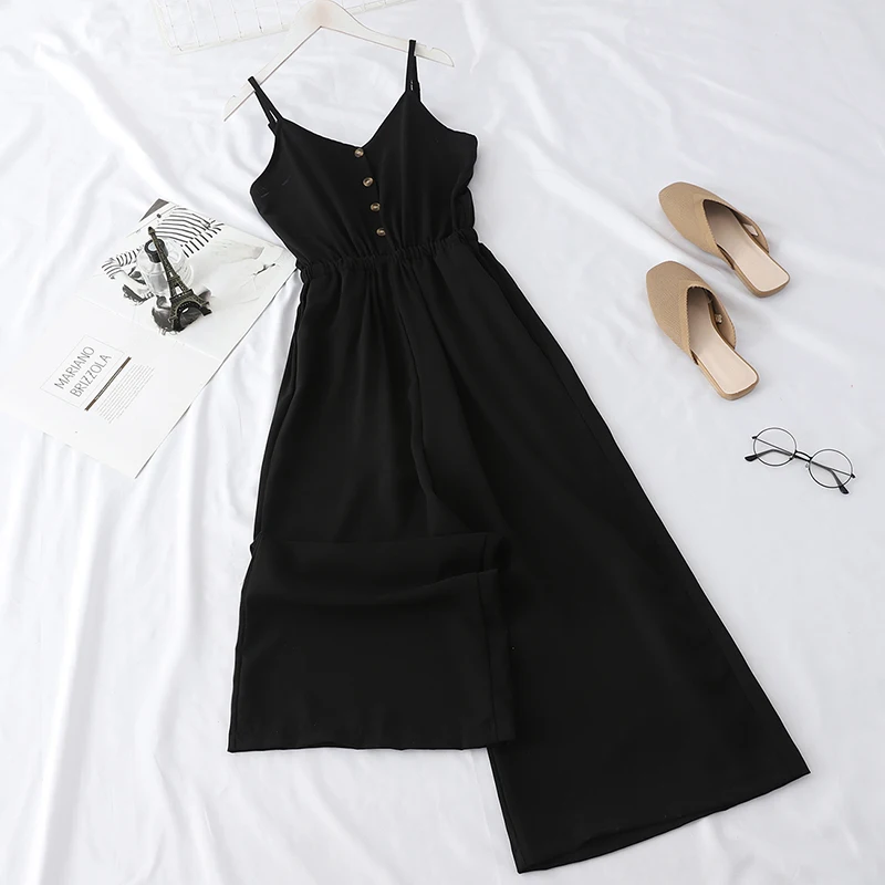 HELIAR Women Jumpsuits Lady Solid Spaghetti High Waist Jumpsuit With Button Rompers Party Cloth 2019 Summer Female Maxi Playsuit