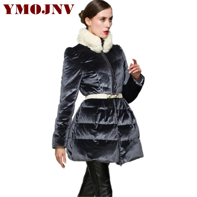 YMOJNV, дизайн, бархатное пальто с поясом, воротник из натурального кроличьего меха, женский зимний пуховик, женская тонкая Толстая теплая зимняя парка