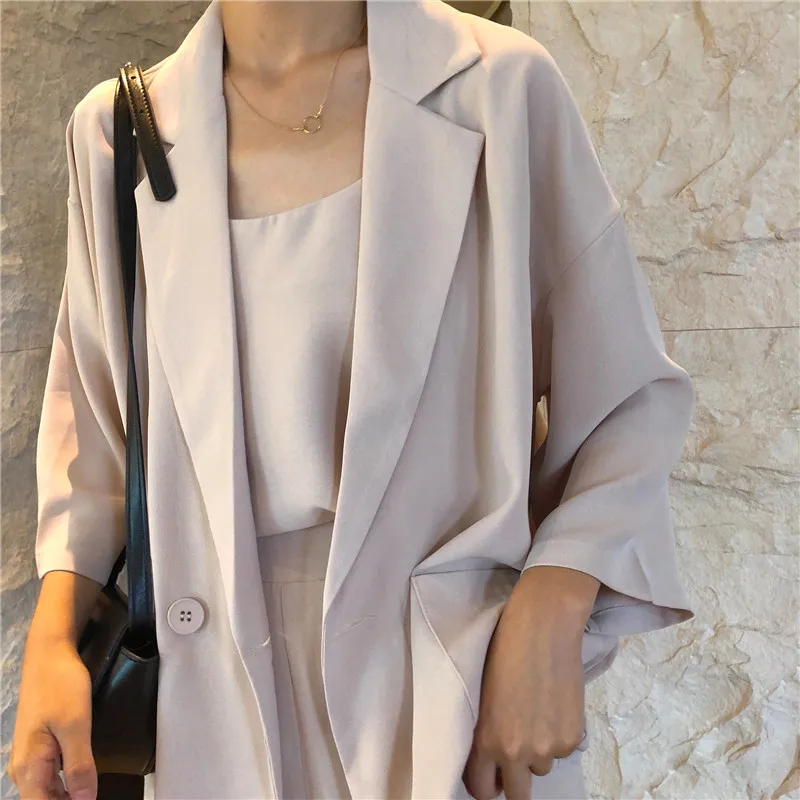 Пиджаки для женщин для простой элегантный корейский стиль Chic свободные женские одной кнопки карманы досуг три четверти