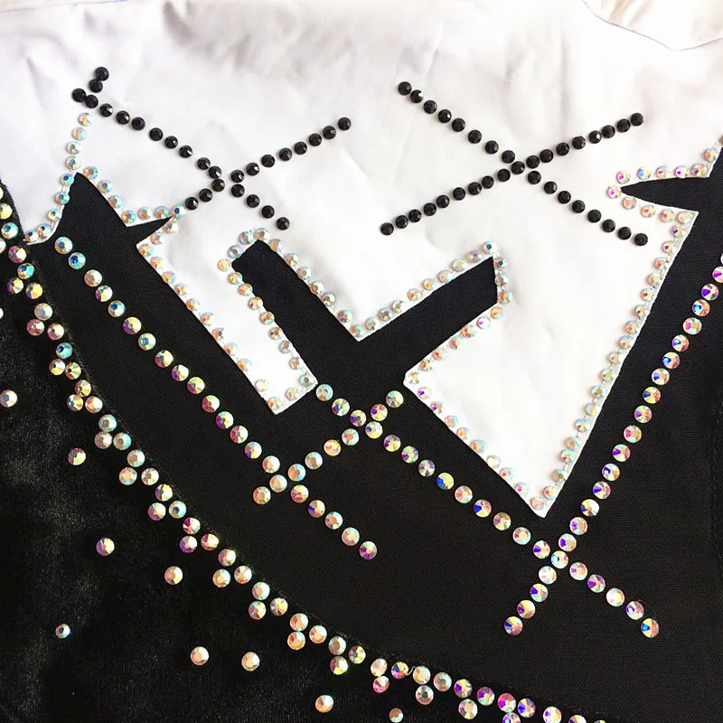 Boys men figure skating costumes TopsFigure skating show clothing Collar long sleeve style Black and white sparkling rhinestones