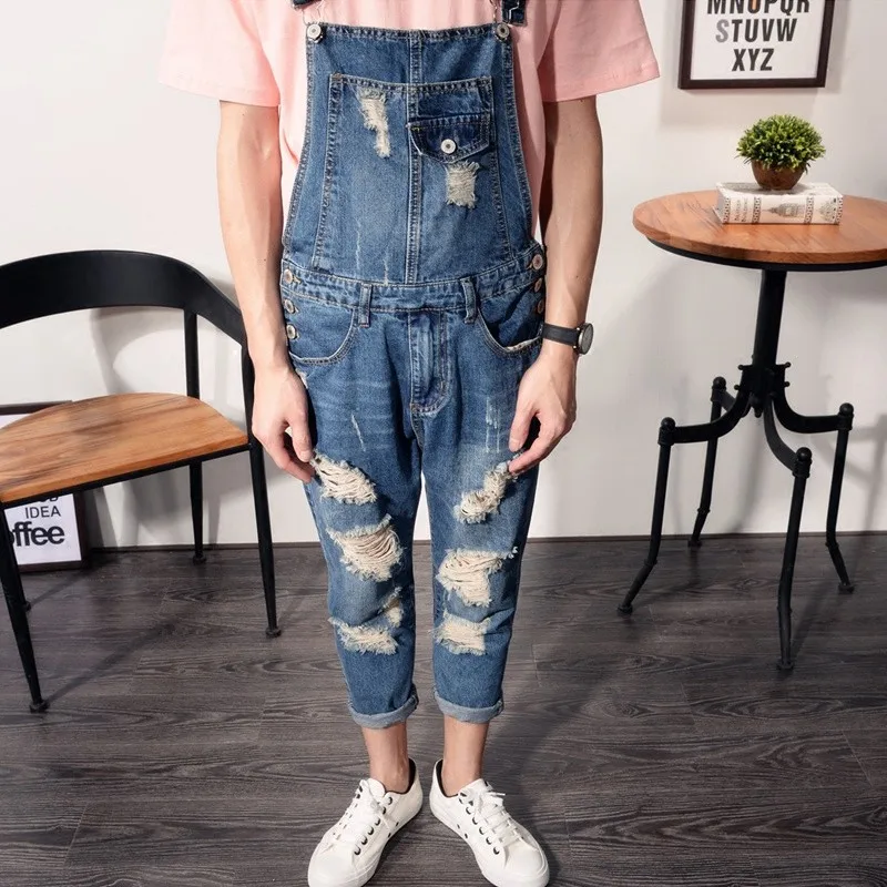 Mens Denim Casual Slim Overalls Jumpsuits Jeans Suspenders Cowboy Pants Trousers