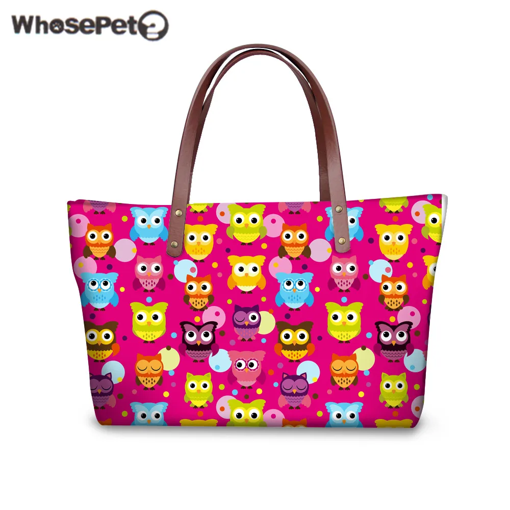 

WHOSEPET Pink Tote Bags for Women Owls Printing Handbags High Quality Shoulder Bags Waterproof Shopper Tote Neoprene Handbags
