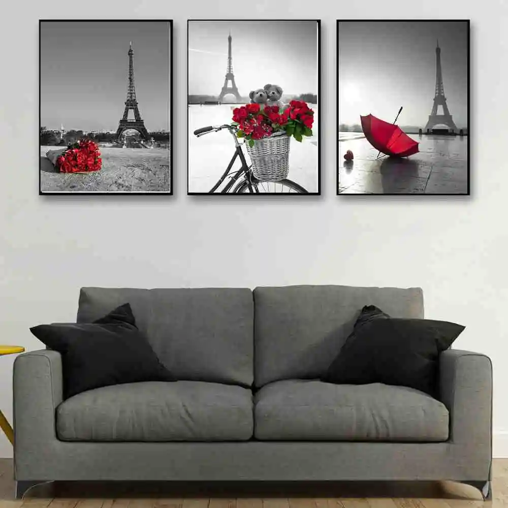 black and white paris tower wall art canvas print red umbrella rose picture for dining room wall decor romatic poster drop ship