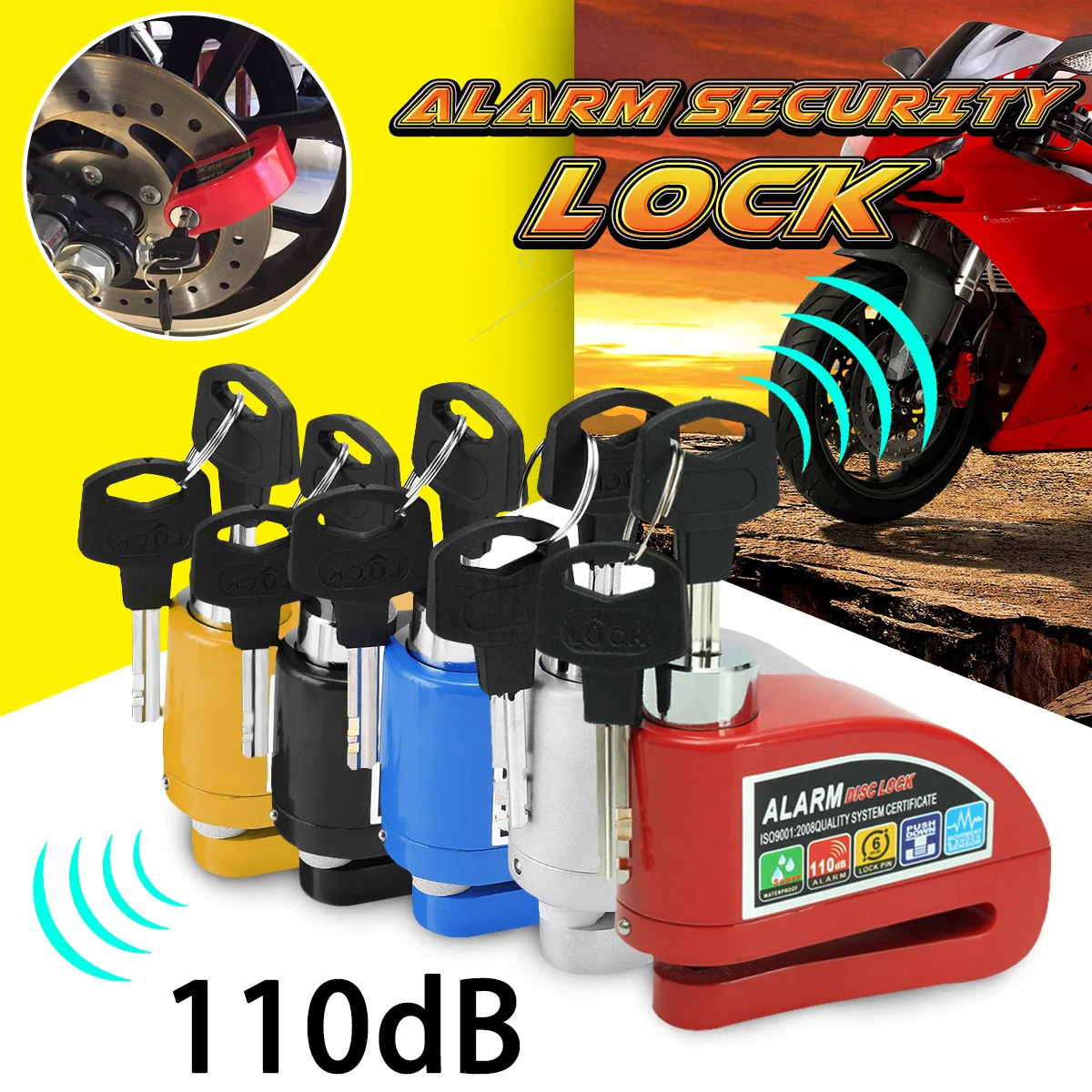 

110dB Black/Blue/Yellow/Silver/Red Metal Motorcycle Bike Scooter Security Anti-theft Wheel Disc Brake Lock Alarm Kit waterproof