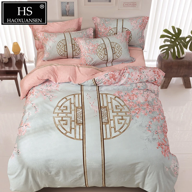 

60S Chinese Style Window and Leaf Print Sanding Bedding Sets Egyptian Cotton Satin Duvet Cover Set Queen King Size Luxury Gift