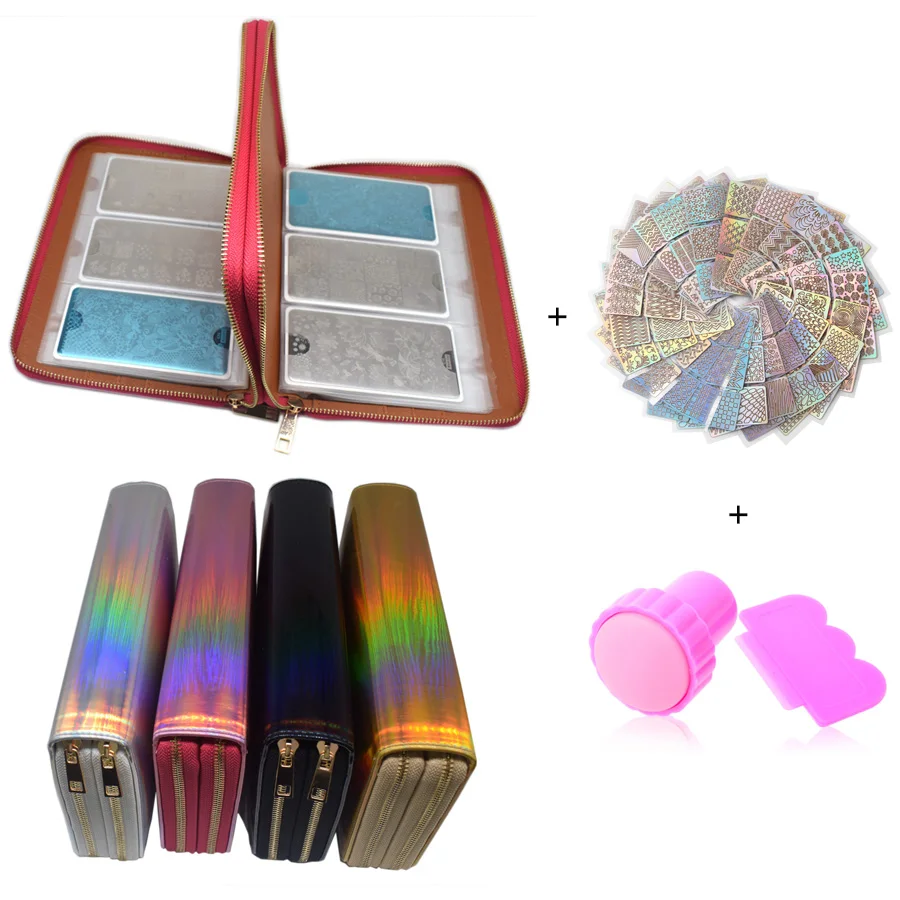 

96 Slots Nail Stamping Plate Holder Case Rainbow Laser Style Rectangular Manicure Nail Art Plate Organizer with Double Zippers