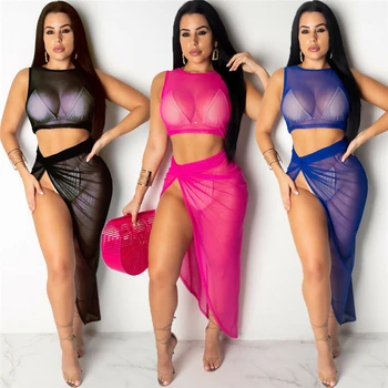 

2019 Women Two Piece Set Beach Suit Summer Sexy Sheer Mesh Tank Crop Tops High Split Skirts Cover Up Women Bikini Bathing Set