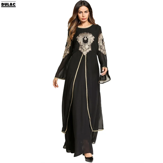 Summer Ramadan Women Fashion O Neck Long Sleeved Abaya Gown Muslim