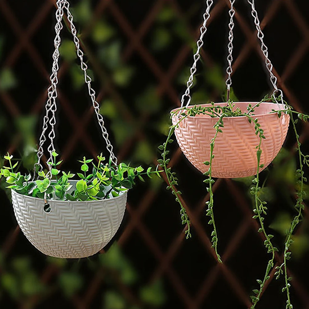Round Plastic Flower Pot Garden Plant Chain Hanging Planters Balcony Decoration 