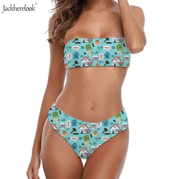 

Jackherelook Summer Women Bandeau Bathing Suit Real Estate Pattern Strapless Swimwear Off Shoulder Ladies Beach Swimsuit Biquini