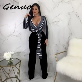 

Genuo 2019 Sexy Long Sleeve Jumpsuit Autumn Striped Bandage Overalls Wide Leg Bodysuit One Piece Elegant Rompers Womens Jumpsuit