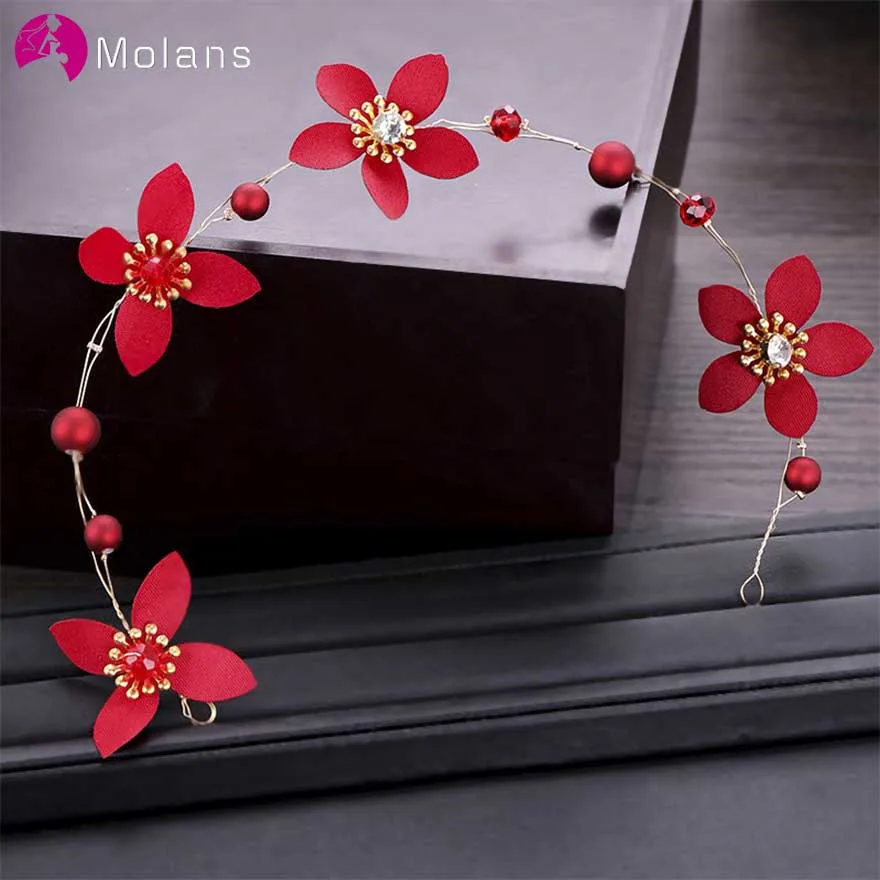 

MOLANS Chinese Red Flower Beading for Bridal Wedding Headpiece Handmade Twisted Alloy Simple Headband for Wedding Dress Ornament