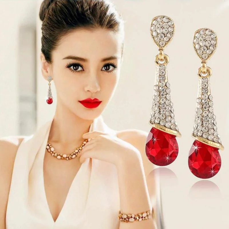 Clip on Earrings for Women 12 Colors Rhinestone Crystal Long Non Pierced Party Wedding