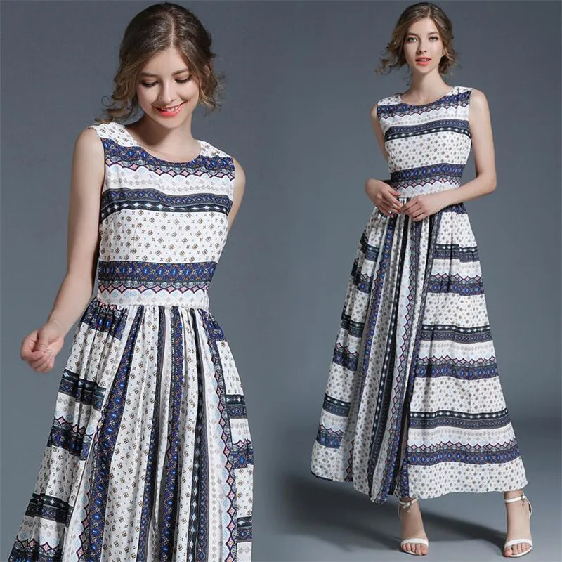 Casual Stripe Print Sleeveless Long Dress Women Summer Spring Chiffon O