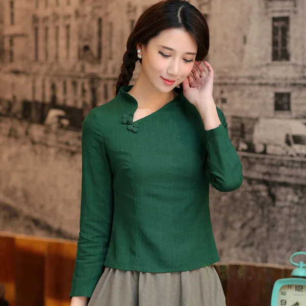 Зеленая рубашка с воротником в форме полумесяца, топ s m ujer Camisa, женская блузка, традиционная китайская женская одежда из хлопка и льна, Размеры s m l xl XXL - Цвет: As picture show