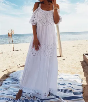 

2019 Cotton Patchwork Lace Beach Dress Long Beach Cover up Vestido Bathing suit Cover ups Beach Sarong Robe de Plage Tunic