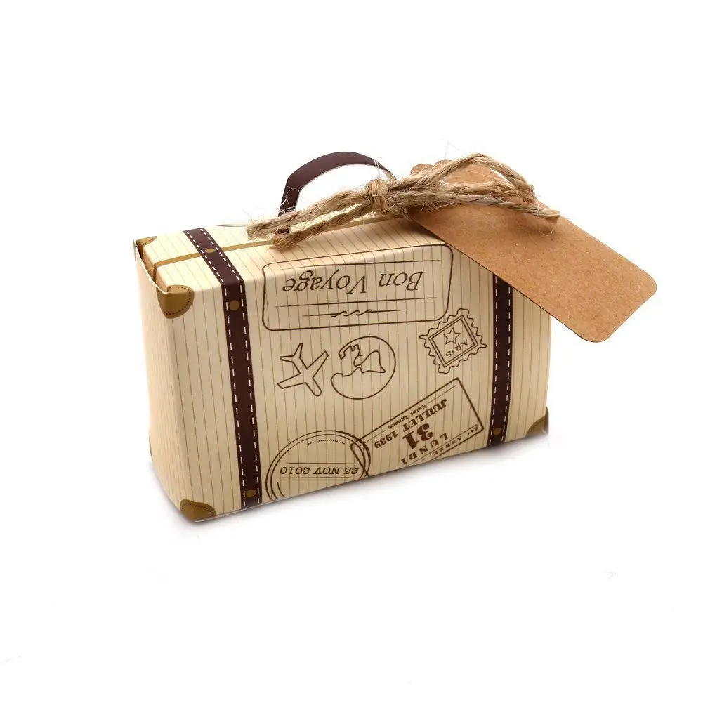 

50pcs Mini Suitcase Favor Box Party Favor Candy Box, Vintage Kraft Paper with Tags and rope for Wedding/Travel Themed Party/Br