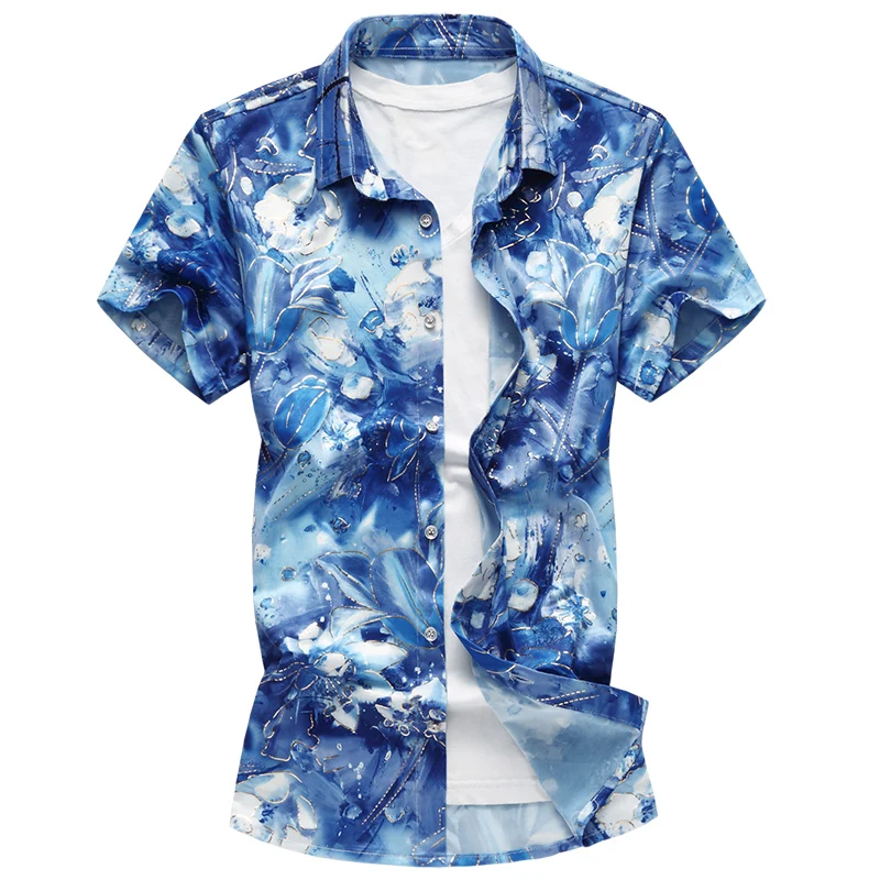 2018 Новая летняя футболка с коротким рукавом Для мужчин с цветочным принтом Повседневное гавайская рубашка мужской Stretch Slim Fit социальные