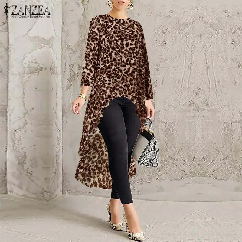 ZANZEA сексуальные леопардовые Топы женские блузки с принтом модные футболки с длинным рукавом Женские асимметричные блузки размера плюс туника