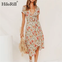 В богемном стиле, с цветами, с принтом Летнее Длинное Платье Для женщин сексуальный глубокий v-образный вырез Разделение пляжное платье элегантный короткий рукав Платье для вечеринки