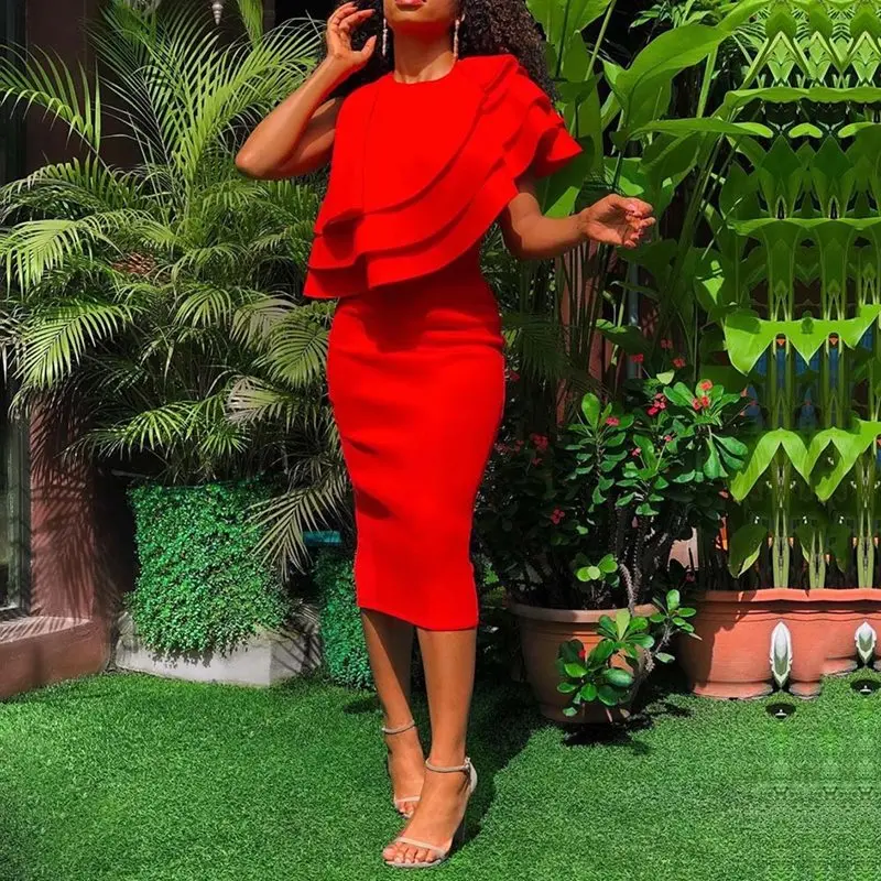 

Elegant Sexy Club Plus Size Red Sweet Office Ladies Women Midi Dresses Bodycon Plain Falbala Vintage Chic Female African Dress