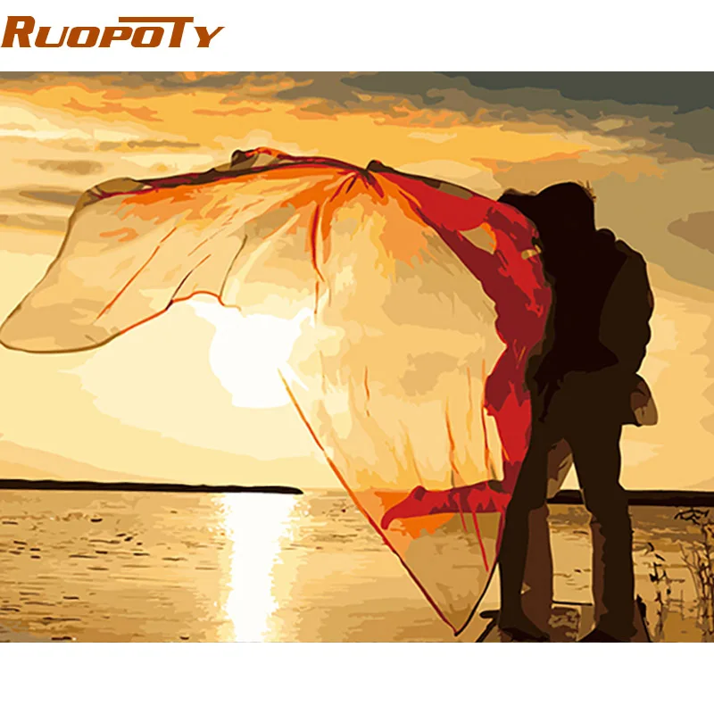 

RUOPOTY Frame Kiss DIY Painting By Numbers Romantic Modern Wall Art Acrylic Paint On Canvas For Wedding Decoration 40x50cm Arts