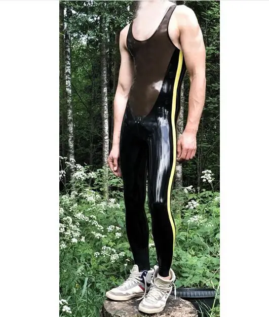 

Men tank tops styles black and transparent black mixed color with yellow strips bodysuits latex catsuit back through crotch zip