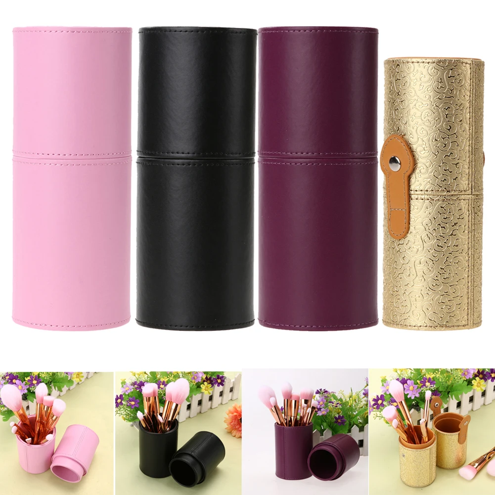 

New High Quality Empty PU Leather Cosmetic Case 8 Colors Portable Storage Makeup Bags Organizer Brush Holder Cup
